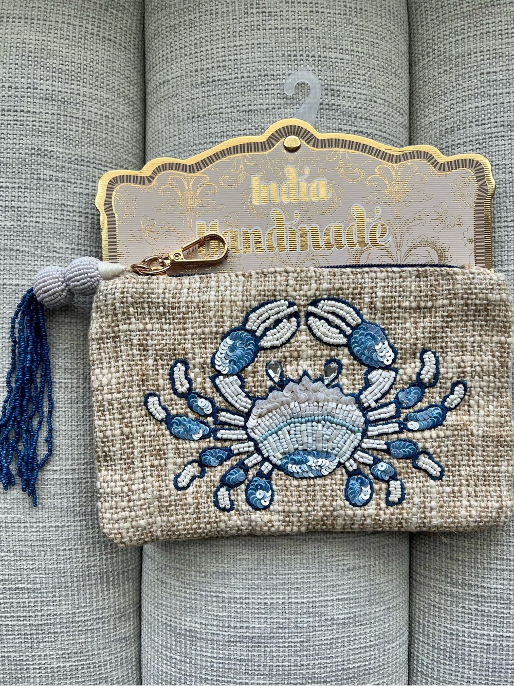 Handmade Beige Jute Cosmetic Pouch with Blue Crab Beaded Embroidery